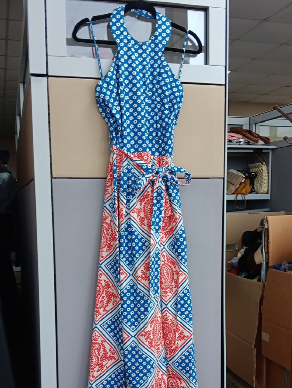 Vintage 70's Sleeveless Blue & Red Patterned Halter Maxi Dress.